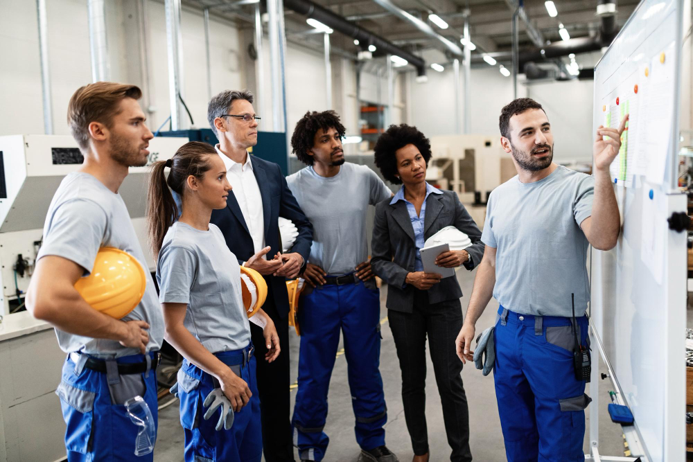 Equipo de trabajo colaborando en el diseño de soluciones de seguridad industrial