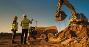 Operadores mineros supervisando maquinaria en faena al atardecer
